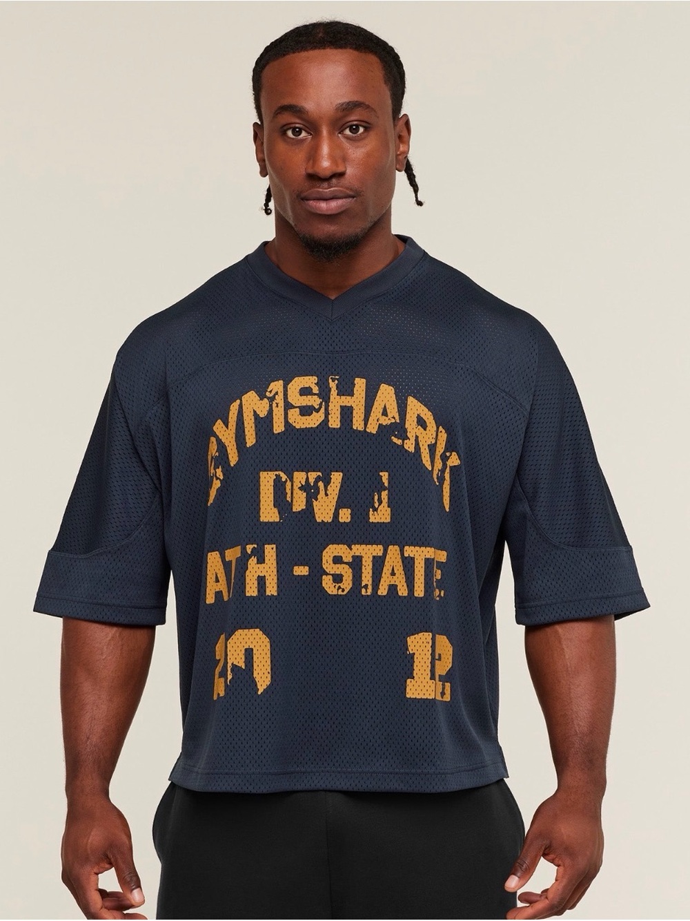 Gymshark • LARGE • Navy Athletic Mesh Tee with Gold / Yellow Print